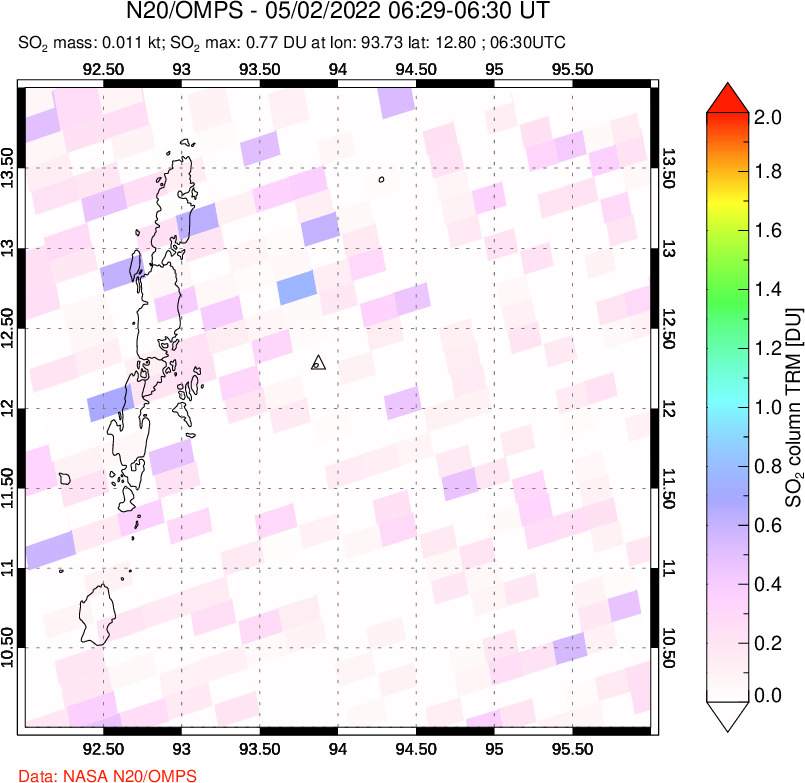 A sulfur dioxide image over Andaman Islands, Indian Ocean on May 02, 2022.