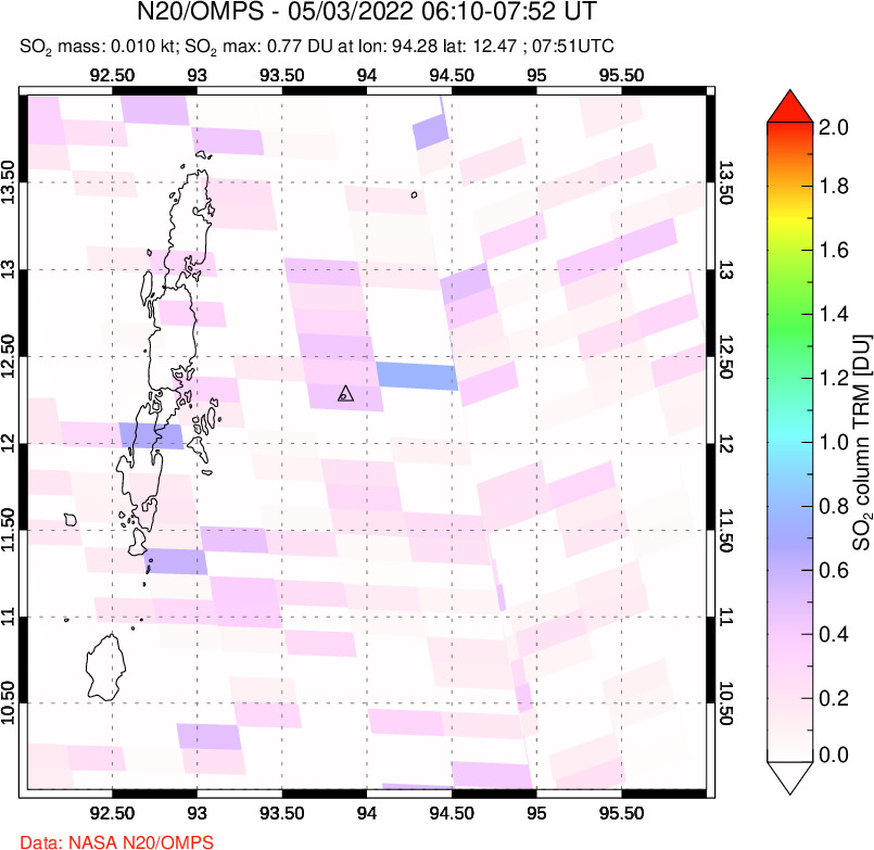 A sulfur dioxide image over Andaman Islands, Indian Ocean on May 03, 2022.