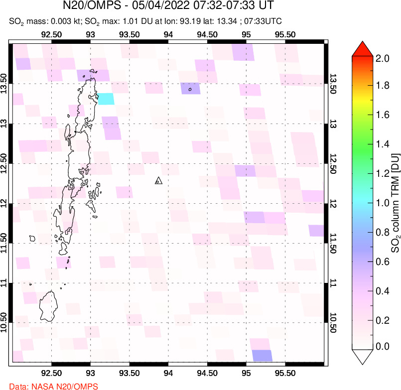 A sulfur dioxide image over Andaman Islands, Indian Ocean on May 04, 2022.