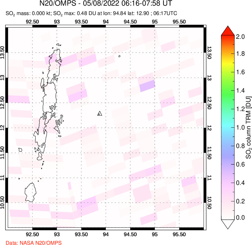 A sulfur dioxide image over Andaman Islands, Indian Ocean on May 08, 2022.