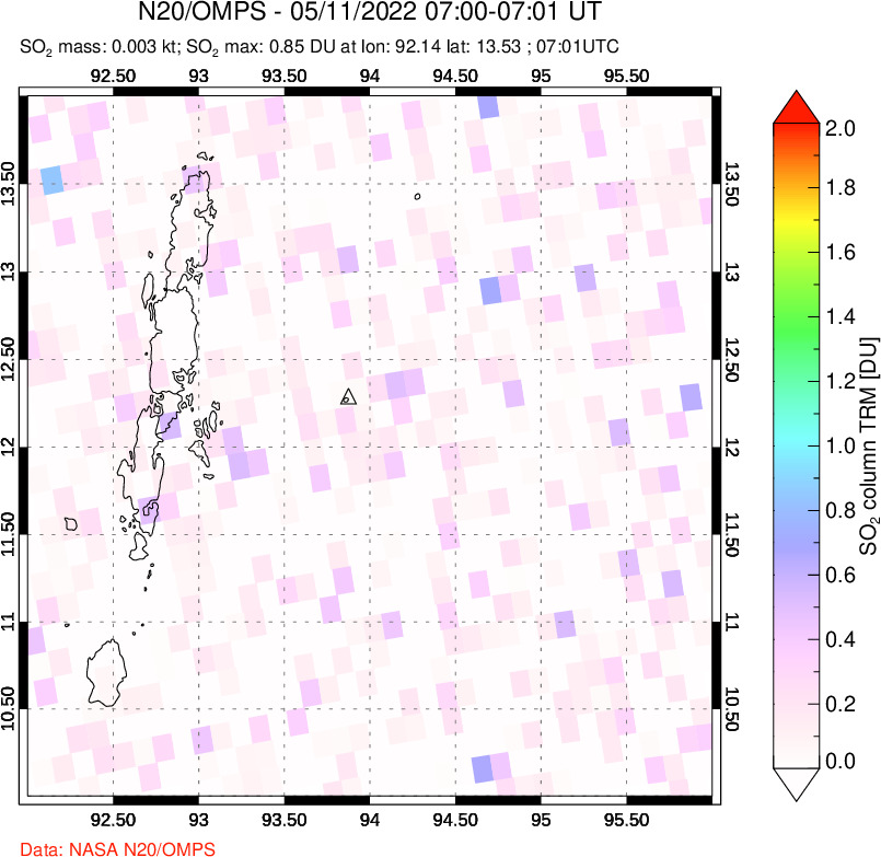 A sulfur dioxide image over Andaman Islands, Indian Ocean on May 11, 2022.