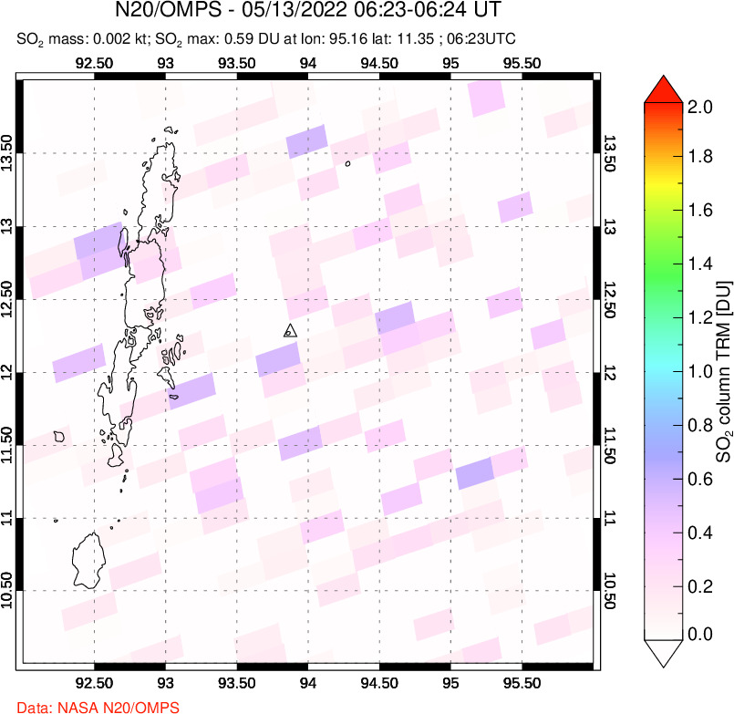 A sulfur dioxide image over Andaman Islands, Indian Ocean on May 13, 2022.