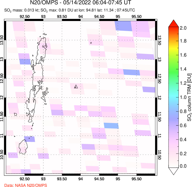 A sulfur dioxide image over Andaman Islands, Indian Ocean on May 14, 2022.