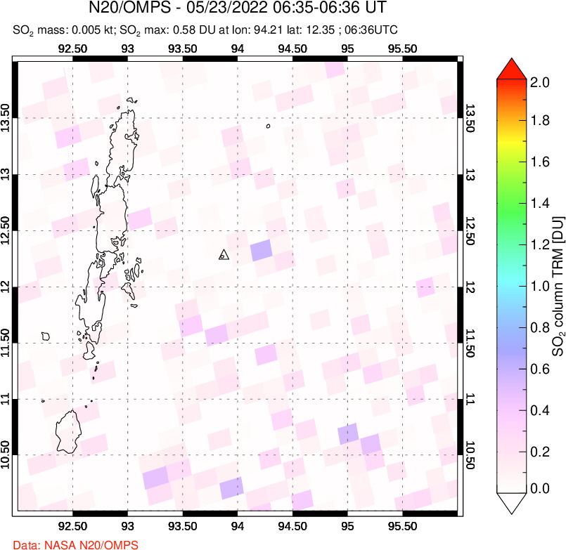 A sulfur dioxide image over Andaman Islands, Indian Ocean on May 23, 2022.