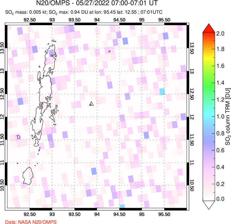 A sulfur dioxide image over Andaman Islands, Indian Ocean on May 27, 2022.