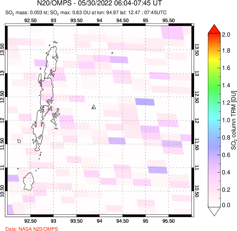 A sulfur dioxide image over Andaman Islands, Indian Ocean on May 30, 2022.