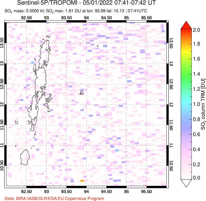 A sulfur dioxide image over Andaman Islands, Indian Ocean on May 01, 2022.