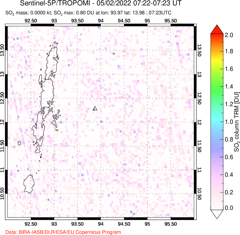 A sulfur dioxide image over Andaman Islands, Indian Ocean on May 02, 2022.