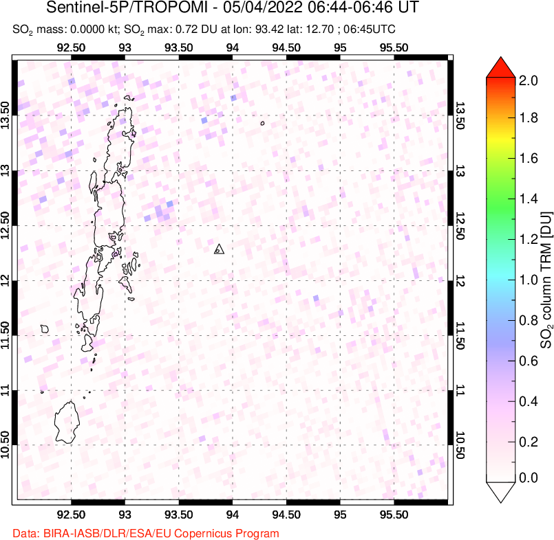 A sulfur dioxide image over Andaman Islands, Indian Ocean on May 04, 2022.