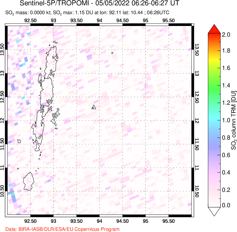 A sulfur dioxide image over Andaman Islands, Indian Ocean on May 05, 2022.