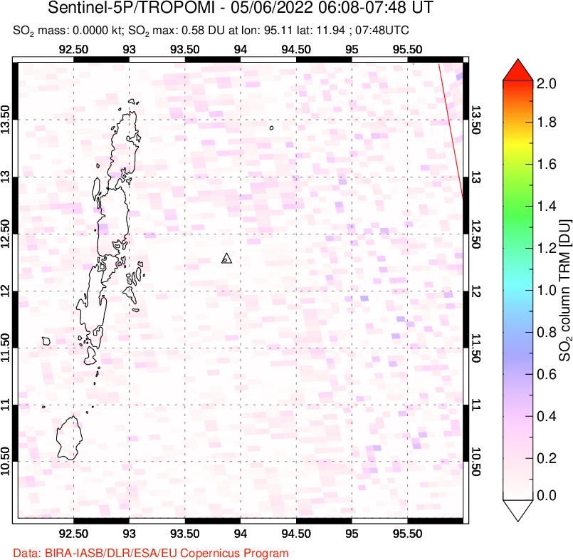 A sulfur dioxide image over Andaman Islands, Indian Ocean on May 06, 2022.