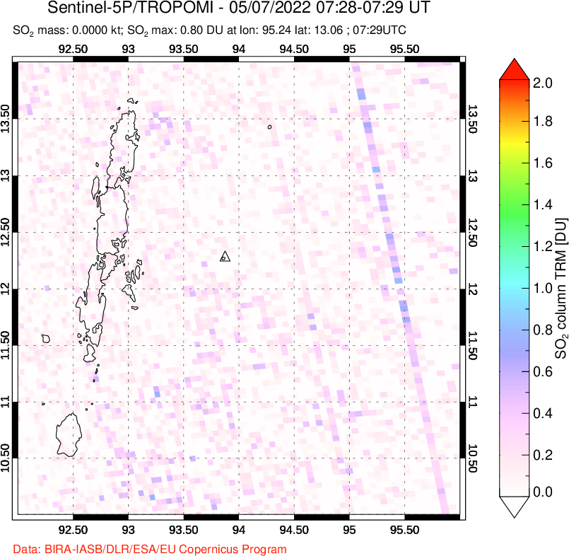 A sulfur dioxide image over Andaman Islands, Indian Ocean on May 07, 2022.