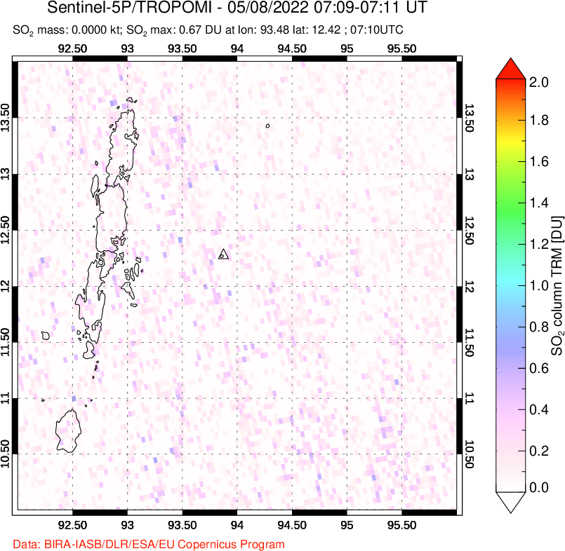 A sulfur dioxide image over Andaman Islands, Indian Ocean on May 08, 2022.