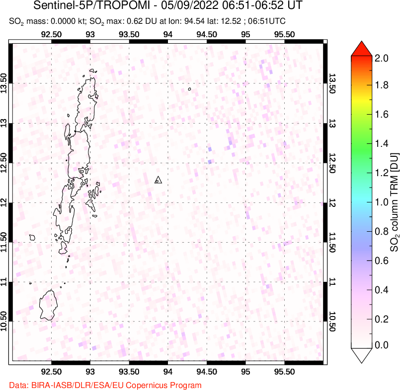 A sulfur dioxide image over Andaman Islands, Indian Ocean on May 09, 2022.