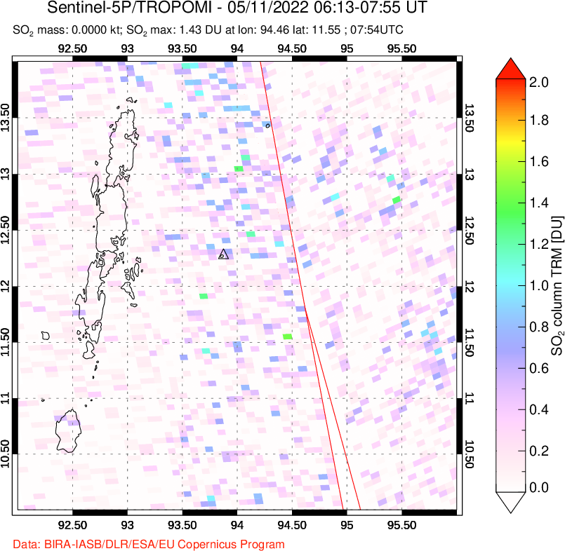 A sulfur dioxide image over Andaman Islands, Indian Ocean on May 11, 2022.