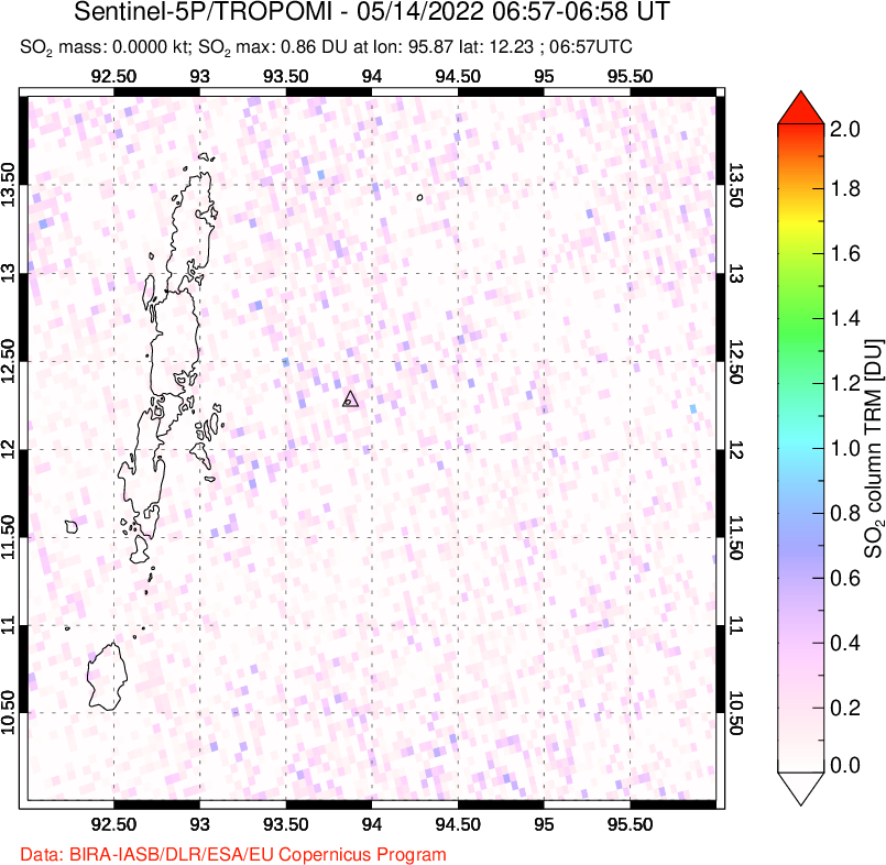 A sulfur dioxide image over Andaman Islands, Indian Ocean on May 14, 2022.