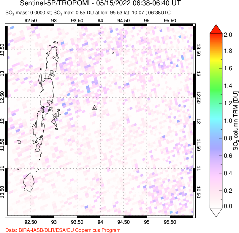A sulfur dioxide image over Andaman Islands, Indian Ocean on May 15, 2022.