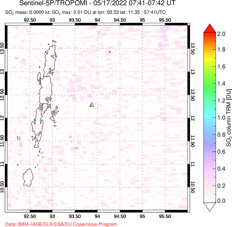 A sulfur dioxide image over Andaman Islands, Indian Ocean on May 17, 2022.
