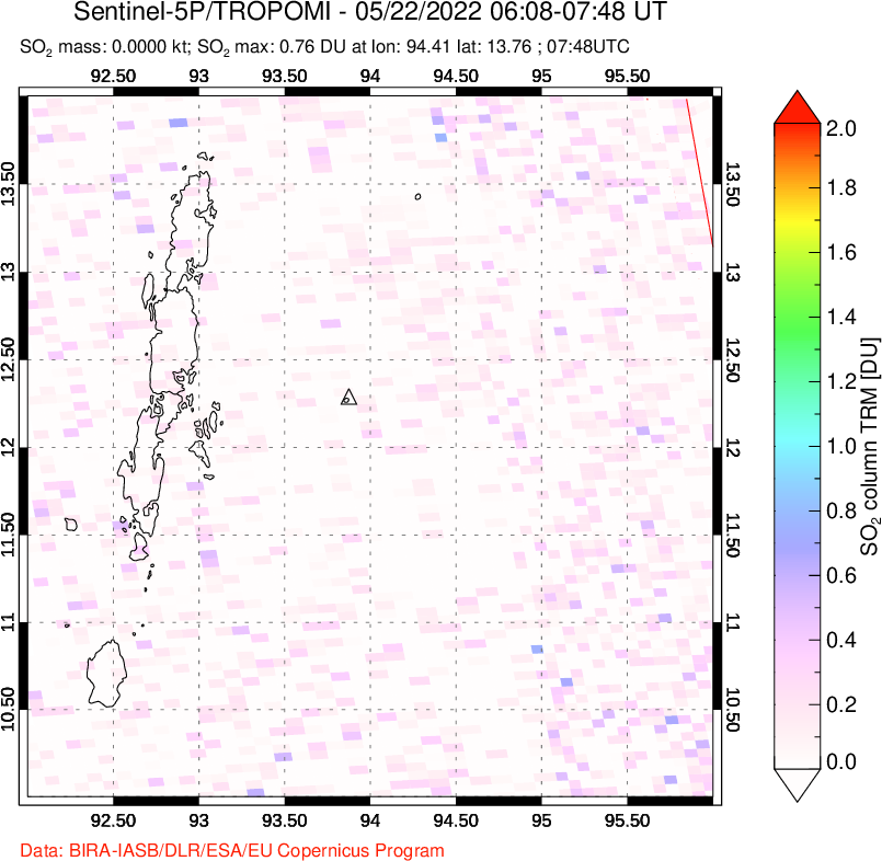 A sulfur dioxide image over Andaman Islands, Indian Ocean on May 22, 2022.