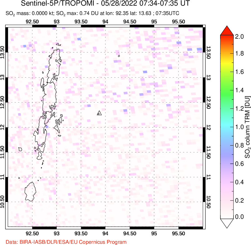 A sulfur dioxide image over Andaman Islands, Indian Ocean on May 28, 2022.