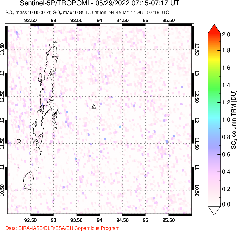 A sulfur dioxide image over Andaman Islands, Indian Ocean on May 29, 2022.