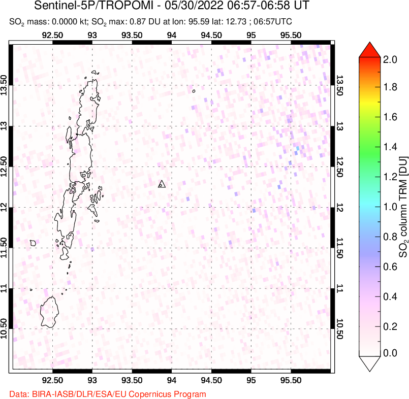 A sulfur dioxide image over Andaman Islands, Indian Ocean on May 30, 2022.