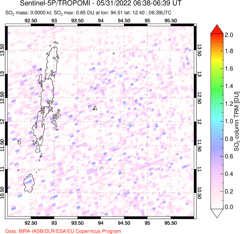 A sulfur dioxide image over Andaman Islands, Indian Ocean on May 31, 2022.