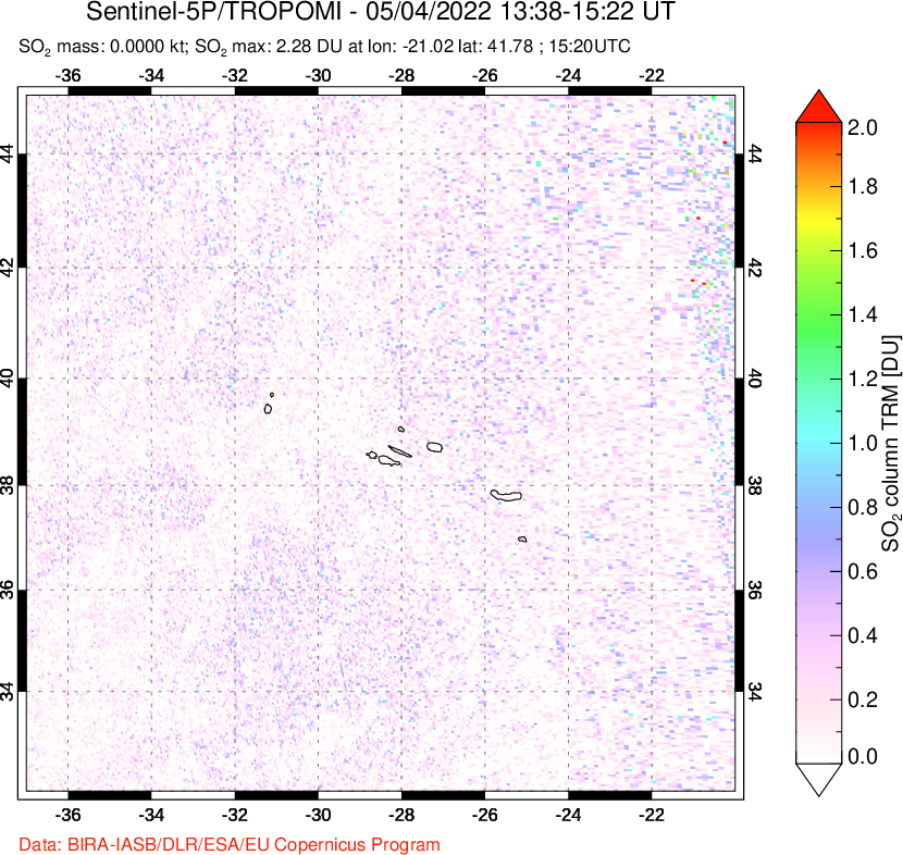 A sulfur dioxide image over Azore Islands, Portugal on May 04, 2022.