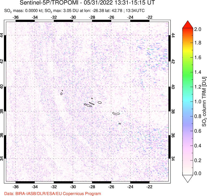 A sulfur dioxide image over Azore Islands, Portugal on May 31, 2022.