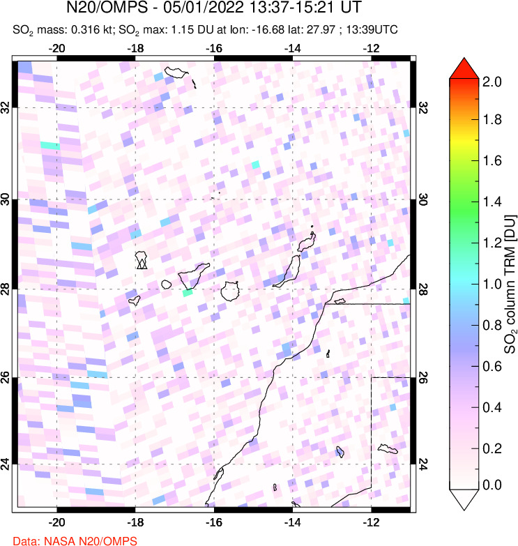 A sulfur dioxide image over Canary Islands on May 01, 2022.