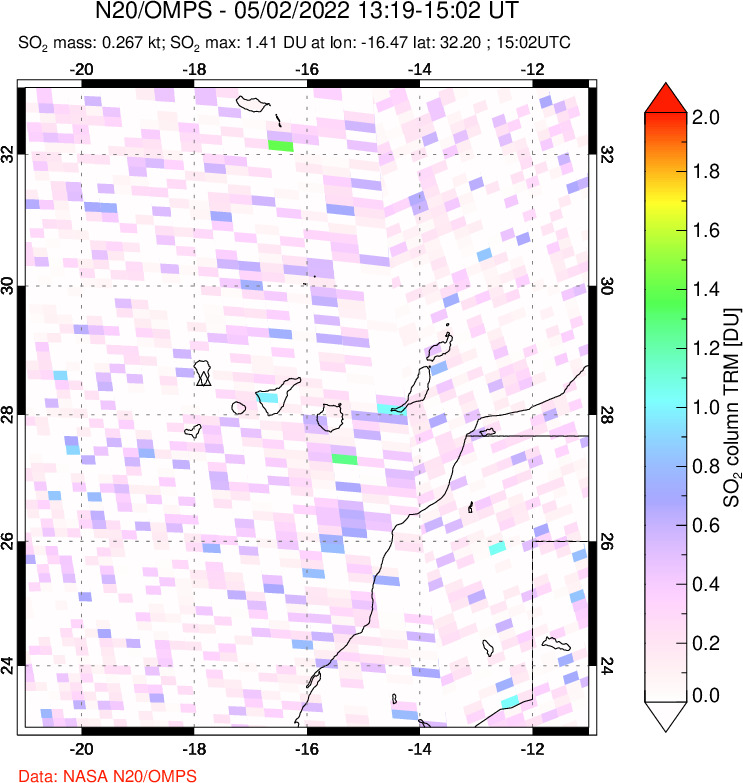 A sulfur dioxide image over Canary Islands on May 02, 2022.