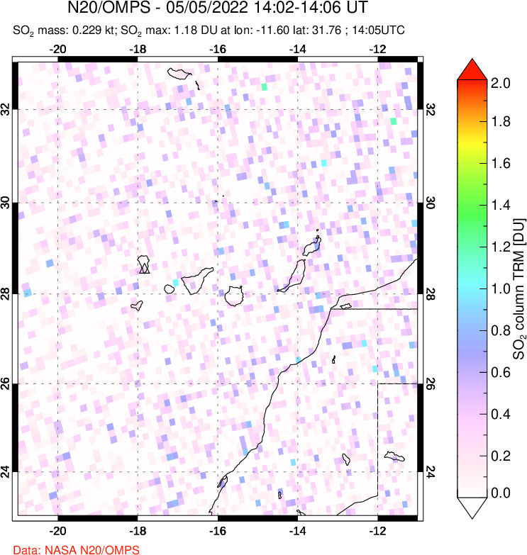 A sulfur dioxide image over Canary Islands on May 05, 2022.