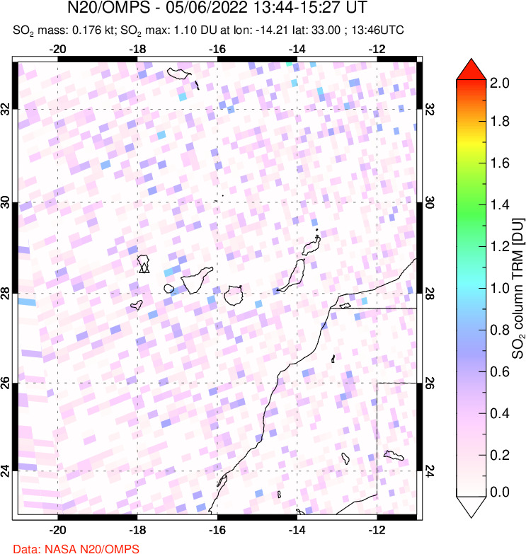 A sulfur dioxide image over Canary Islands on May 06, 2022.