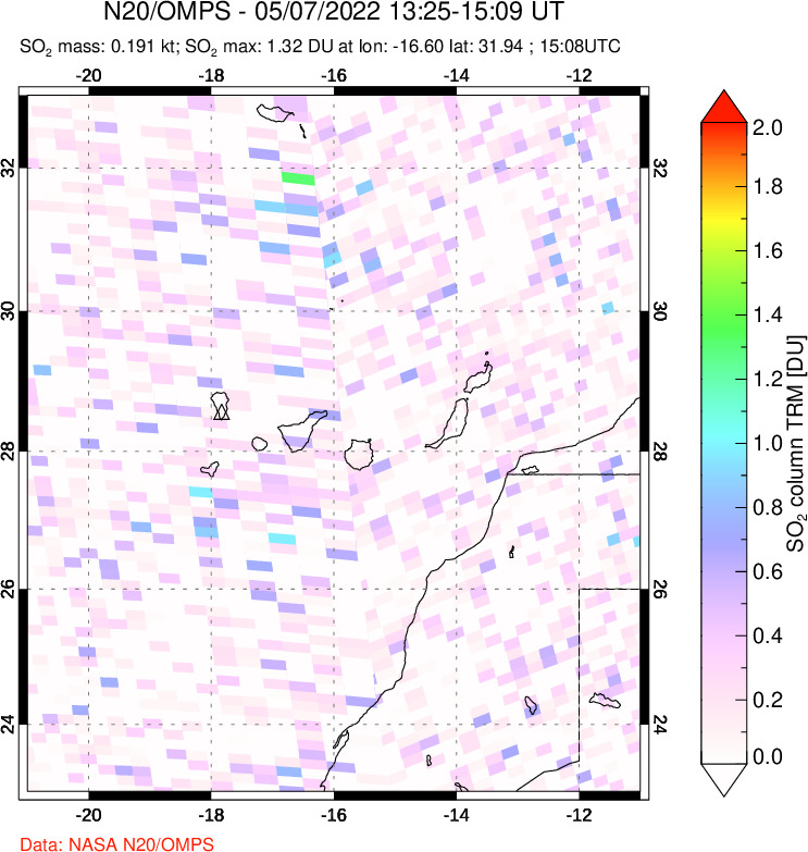 A sulfur dioxide image over Canary Islands on May 07, 2022.