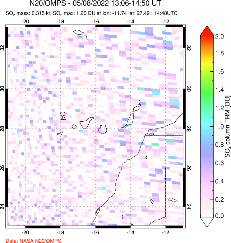 A sulfur dioxide image over Canary Islands on May 08, 2022.