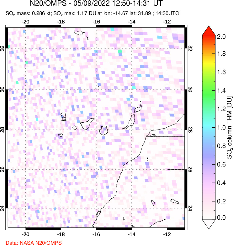 A sulfur dioxide image over Canary Islands on May 09, 2022.