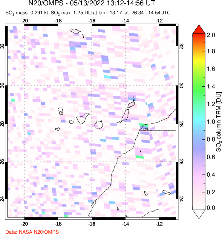 A sulfur dioxide image over Canary Islands on May 13, 2022.