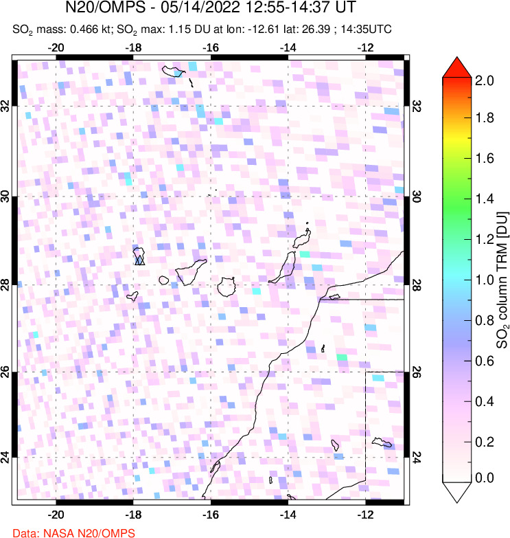 A sulfur dioxide image over Canary Islands on May 14, 2022.