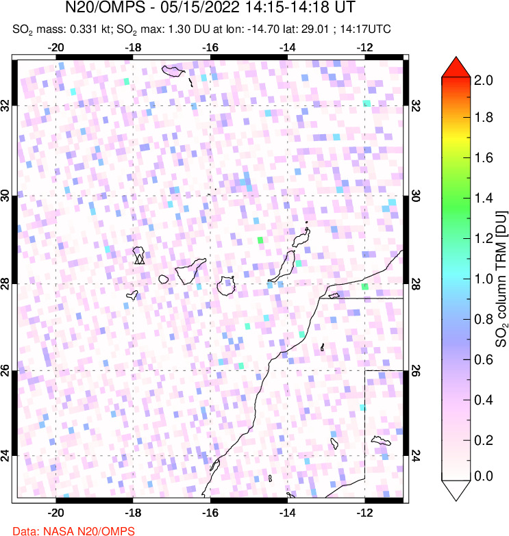 A sulfur dioxide image over Canary Islands on May 15, 2022.