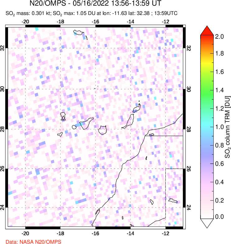 A sulfur dioxide image over Canary Islands on May 16, 2022.