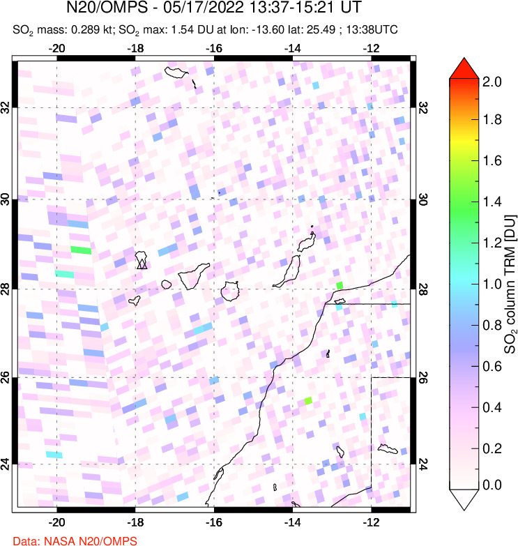 A sulfur dioxide image over Canary Islands on May 17, 2022.