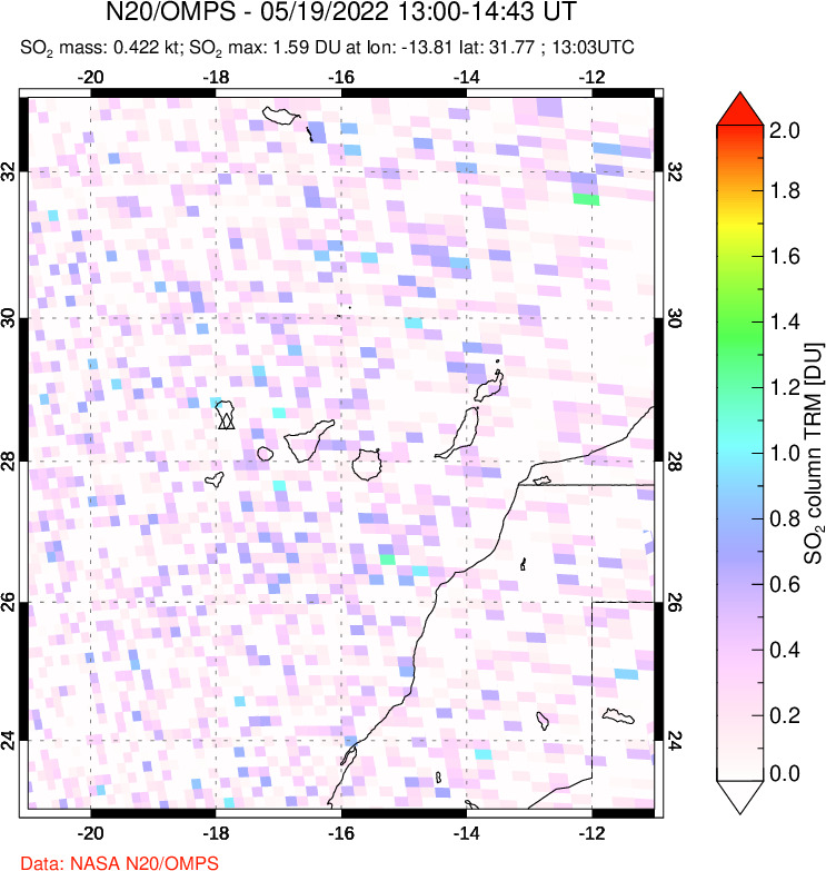 A sulfur dioxide image over Canary Islands on May 19, 2022.