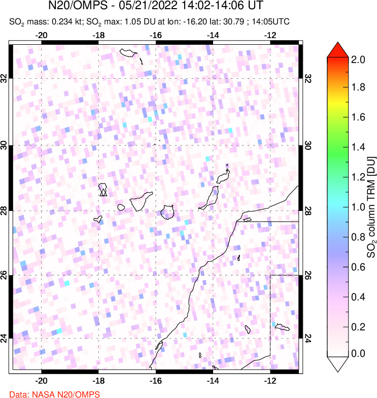 A sulfur dioxide image over Canary Islands on May 21, 2022.