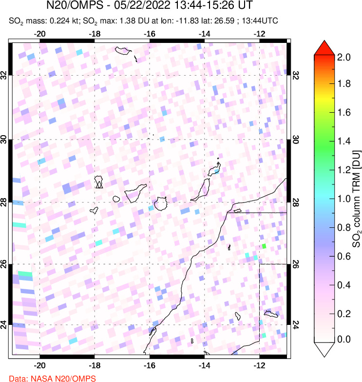 A sulfur dioxide image over Canary Islands on May 22, 2022.