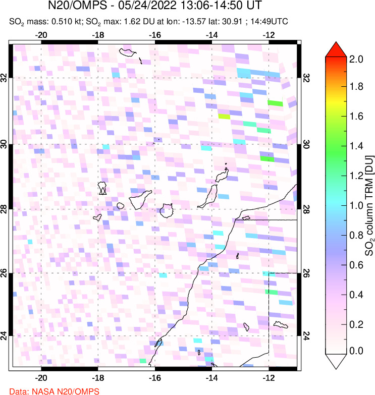 A sulfur dioxide image over Canary Islands on May 24, 2022.