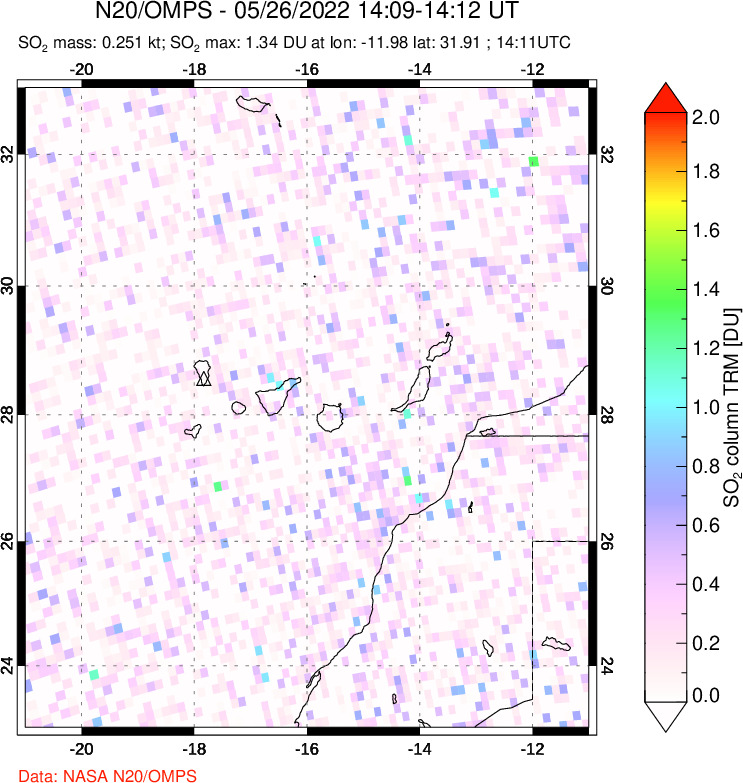 A sulfur dioxide image over Canary Islands on May 26, 2022.