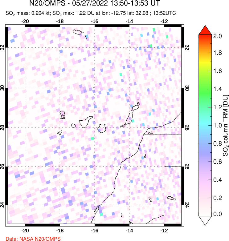 A sulfur dioxide image over Canary Islands on May 27, 2022.