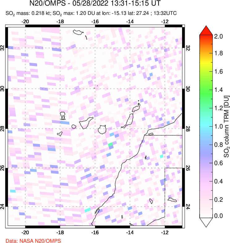 A sulfur dioxide image over Canary Islands on May 28, 2022.