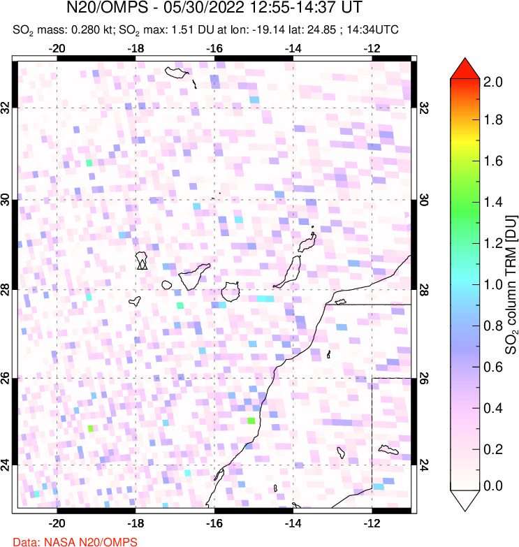 A sulfur dioxide image over Canary Islands on May 30, 2022.