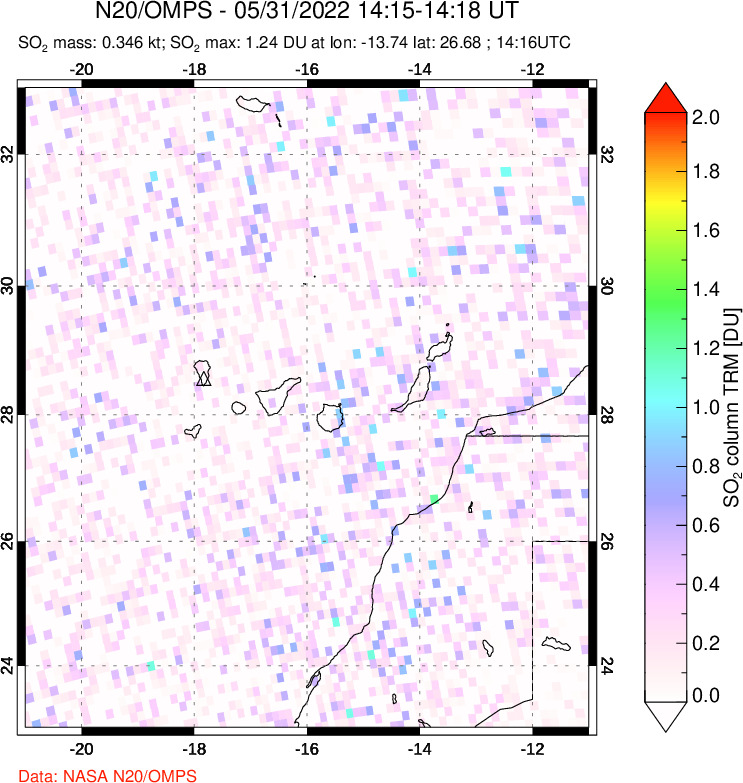 A sulfur dioxide image over Canary Islands on May 31, 2022.